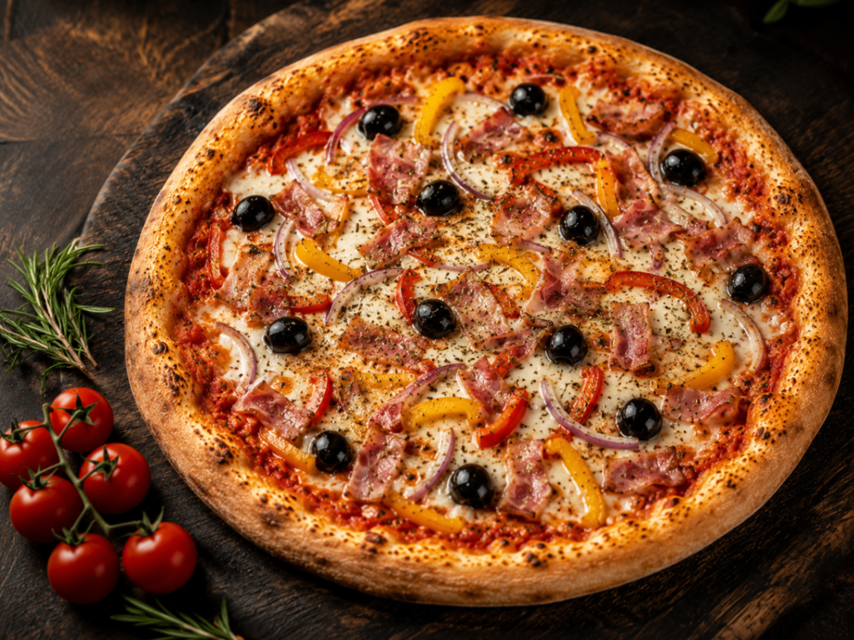 Paysanne — Tomate, fromage, lardons, oignon, poivron, origan, olives